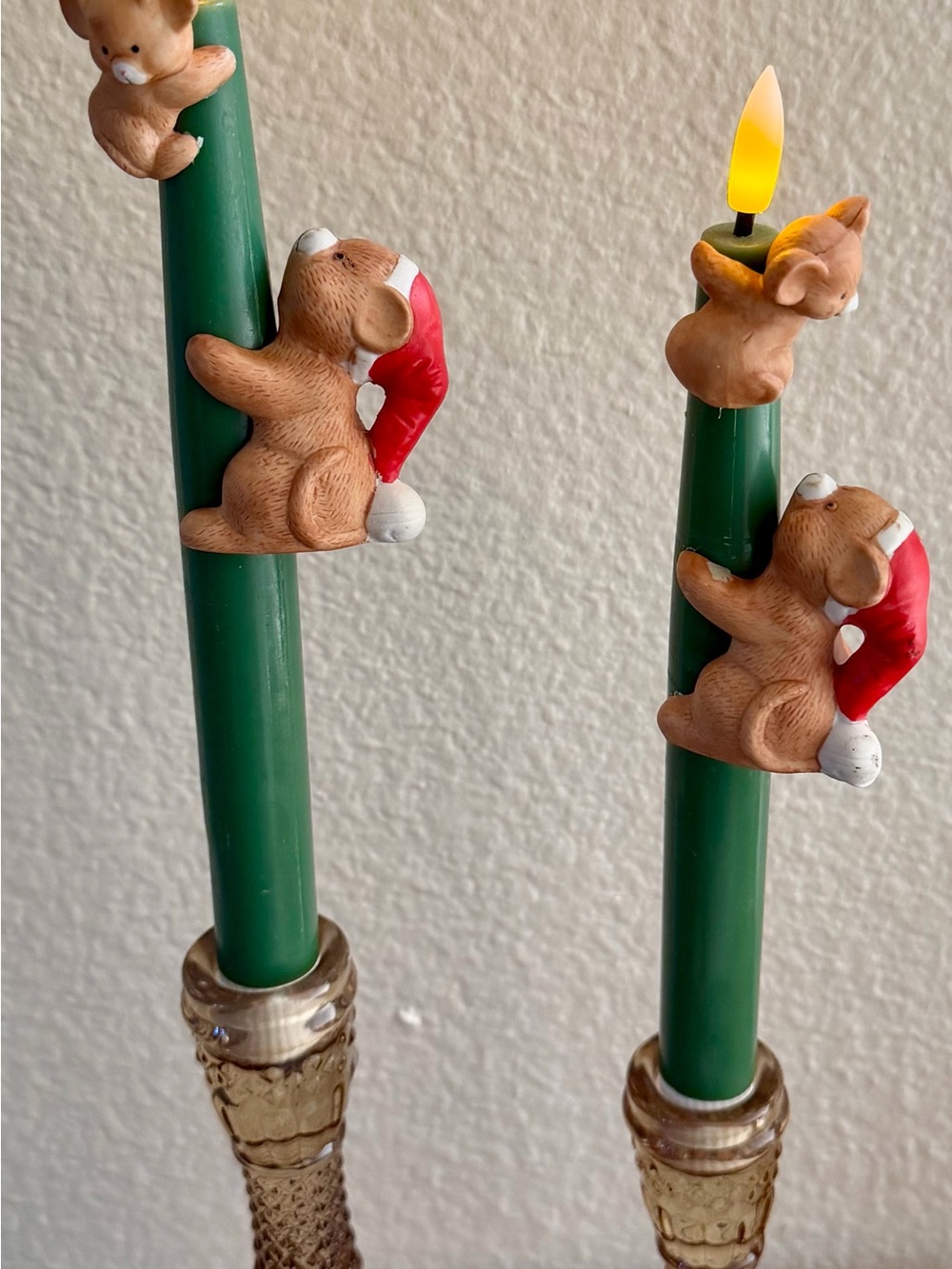 Holiday Bear Taper Candles in Green with Santa Hat Accents